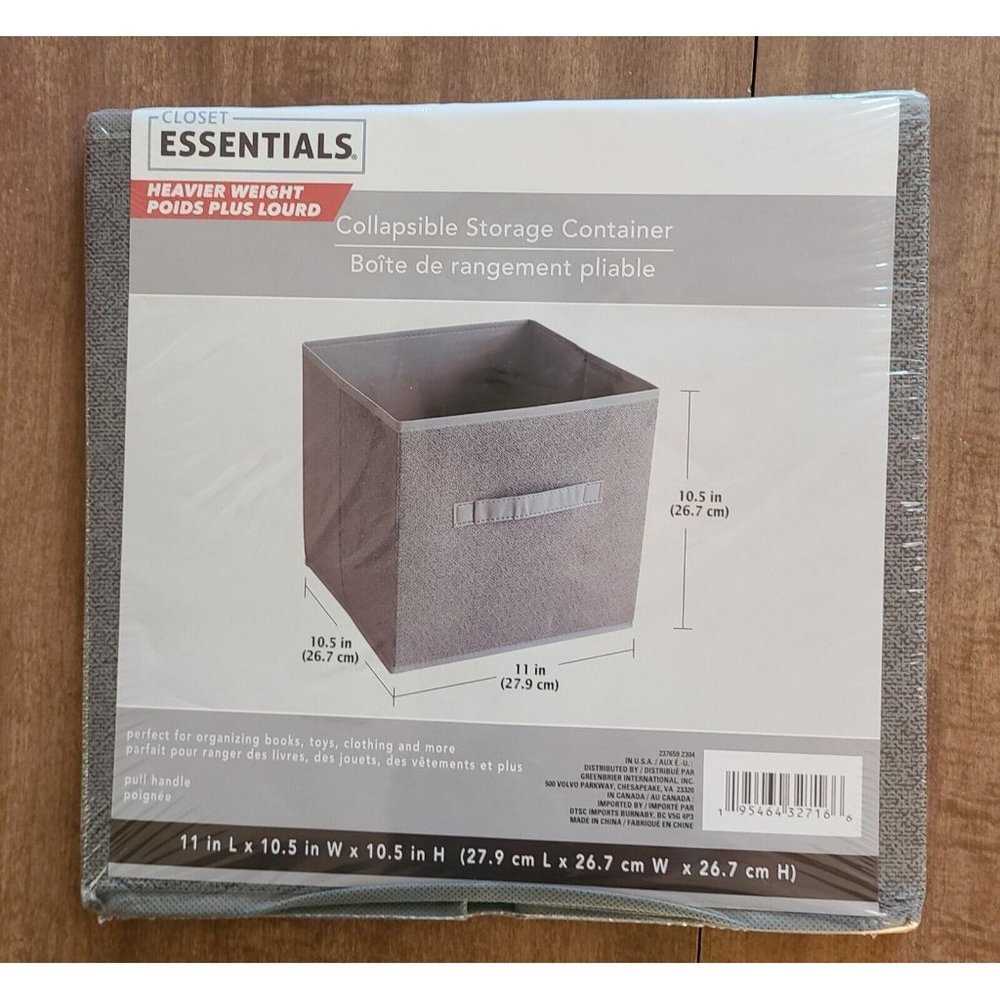 Closet Essentials Collapsible Storage Container 10.5" Square. Handles Gray NEW